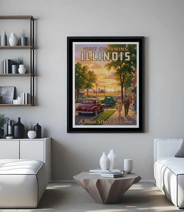 Vintage "Visit Charming Illinois" poster with a couple walking past classic cars.