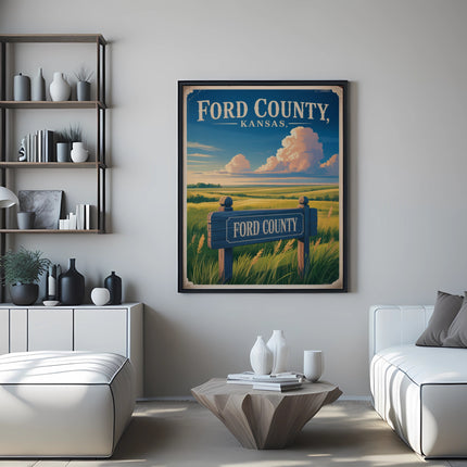 Ford County Kansas sign with rural landscape, in a living room.