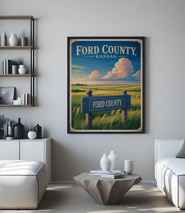 Ford County Kansas sign with rural landscape, in a living room.
