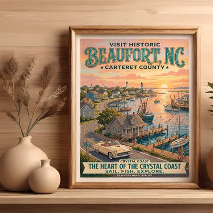 Historic Beaufort, NC poster with coastal town, harbor, and sunset scene.