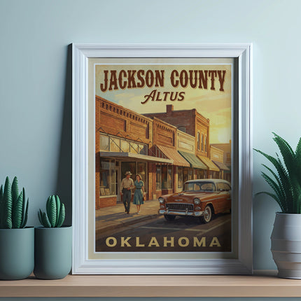 Vintage poster with "Jackson County Altus Oklahoma" text, retro car, and couple walking.