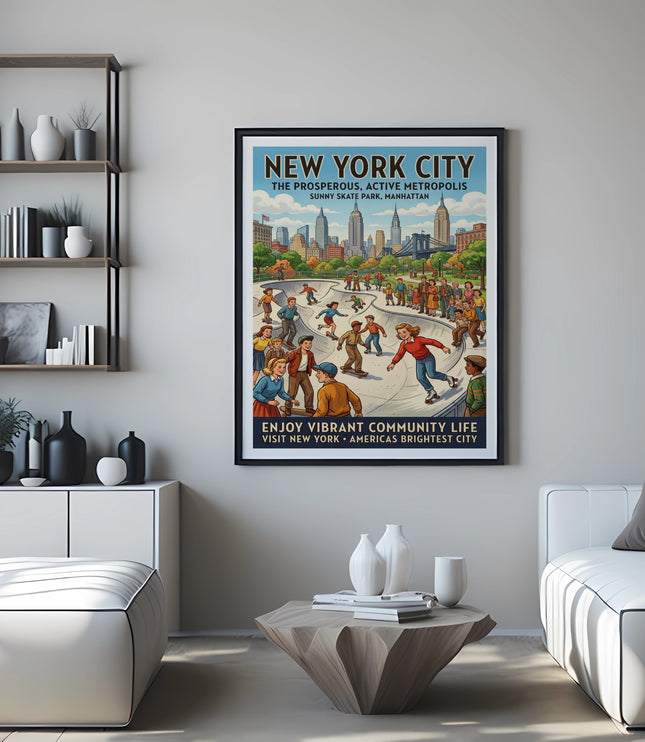 New York City skate park poster showing a vibrant street scene with the Manhattan skyline.