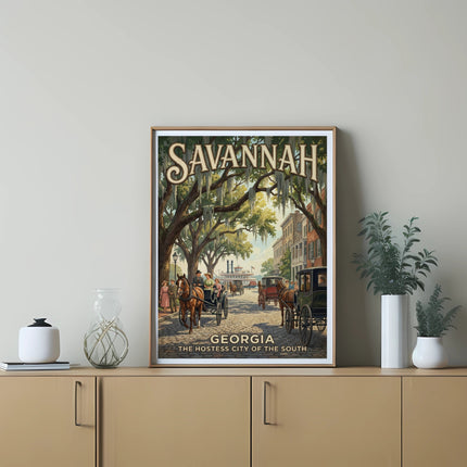 Vintage poster of Savannah, Georgia, with horse-drawn carriages.