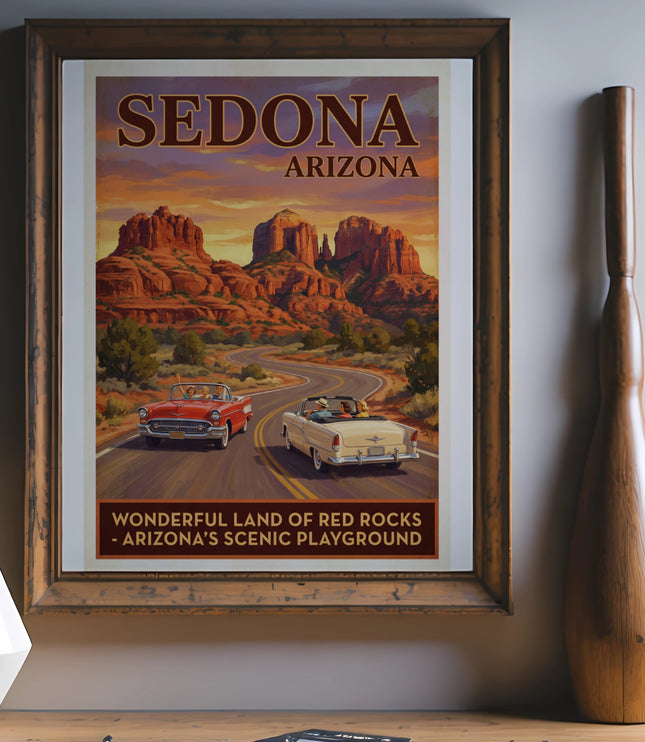 Vintage Sedona Arizona travel poster with red rock formations and vintage cars