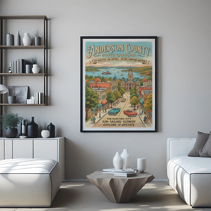 Anderson County South Carolina poster featuring Lake Hartwell and downtown.