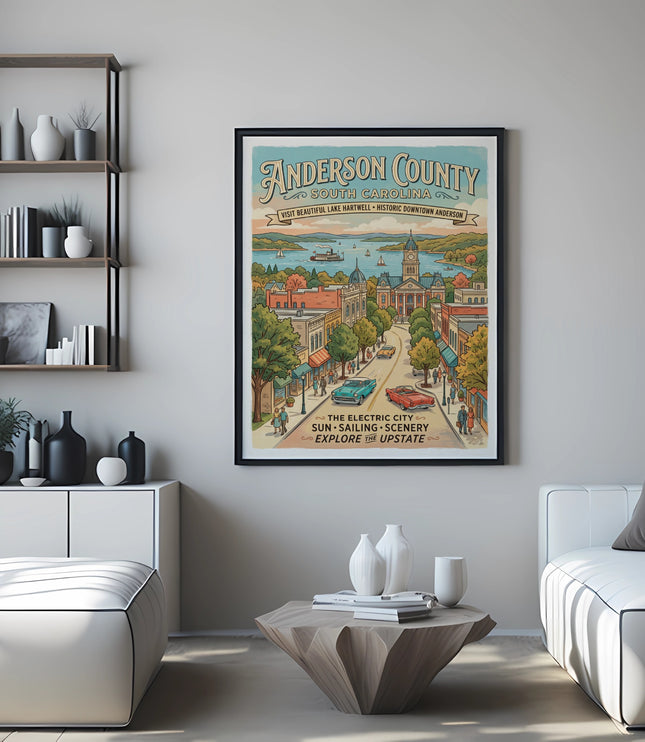 Anderson County South Carolina poster featuring Lake Hartwell and downtown.