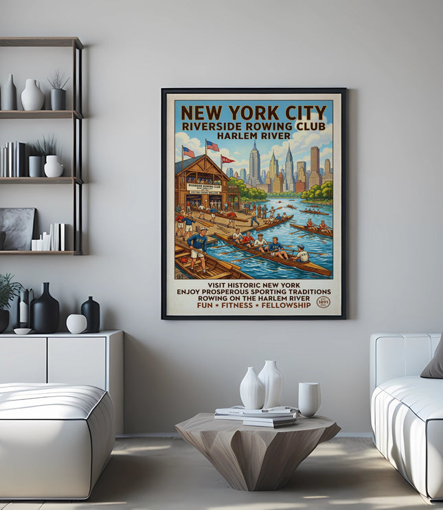 New York City Riverside Rowing Club poster shows rowing on Harlem River.