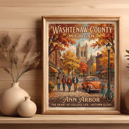 Washtenaw County Michigan: Ann Arbor artwork with autumn scene and text.