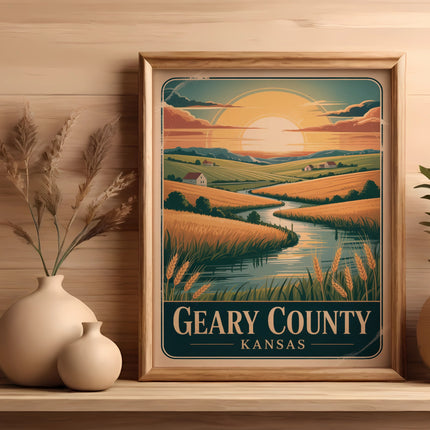 Framed artwork of a Kansas county landscape with rolling fields and a river.