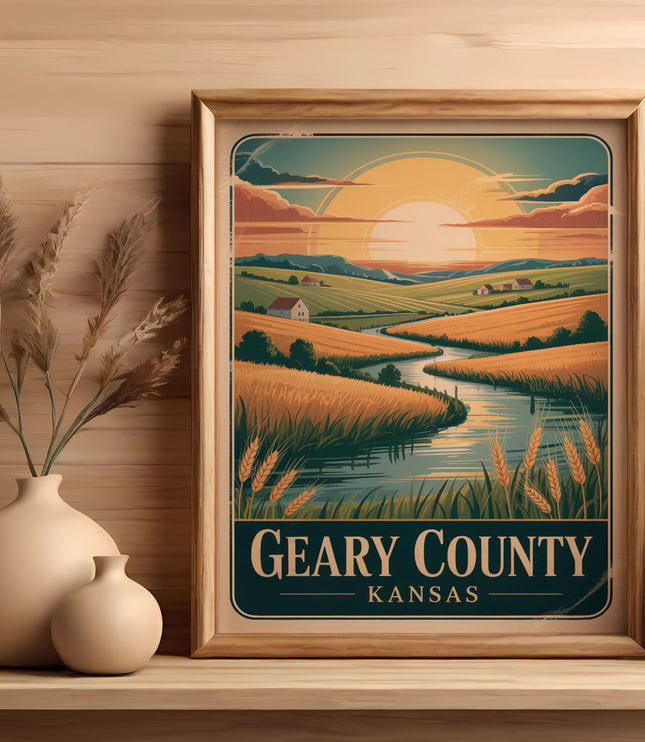Framed artwork of a Kansas county landscape with rolling fields and a river.