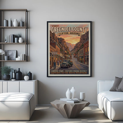 Visit Greenlee County Clifton Arizona vintage poster with historic buildings and truck.