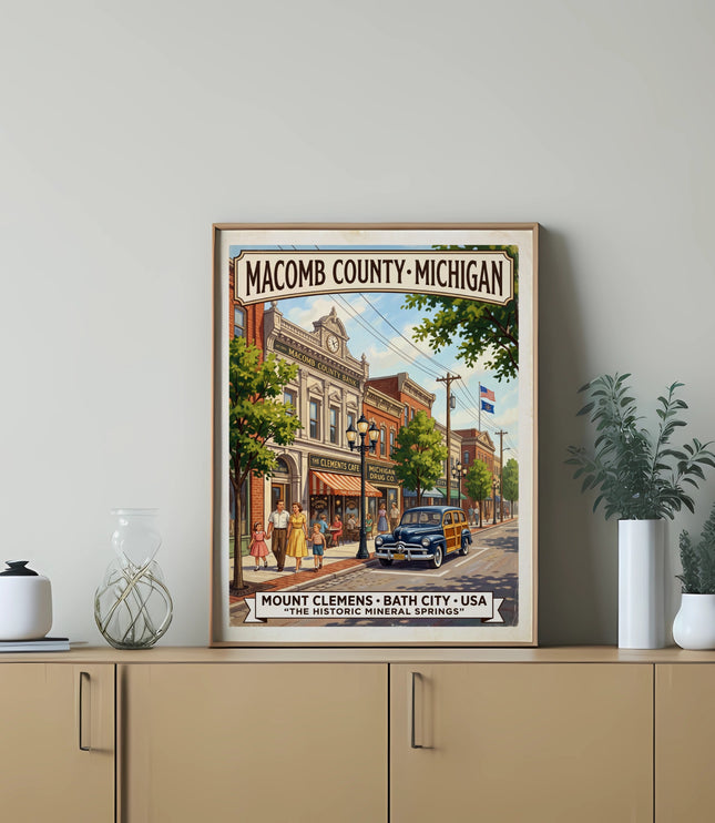 Vintage illustration of Mount Clemens, Michigan, featuring shops and a street scene.