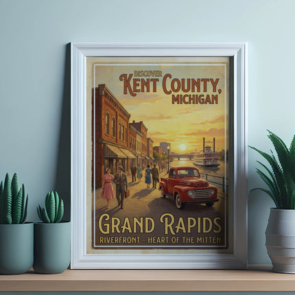 "Discover Kent County, Michigan Grand Rapids riverfront poster with vintage scene."