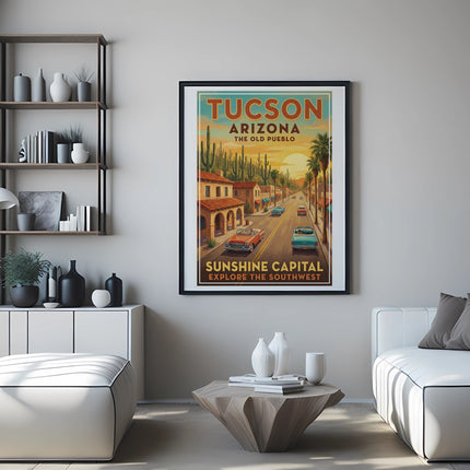 Vintage Tucson Arizona poster with desert scene, cacti, and cars.