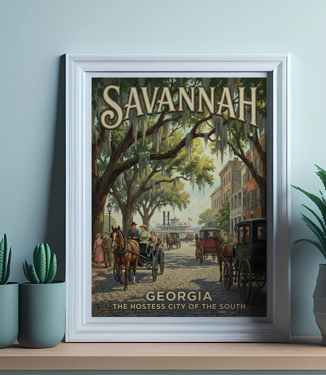 Savannah Georgia poster with horse-drawn carriages and riverboat on cobblestone street.