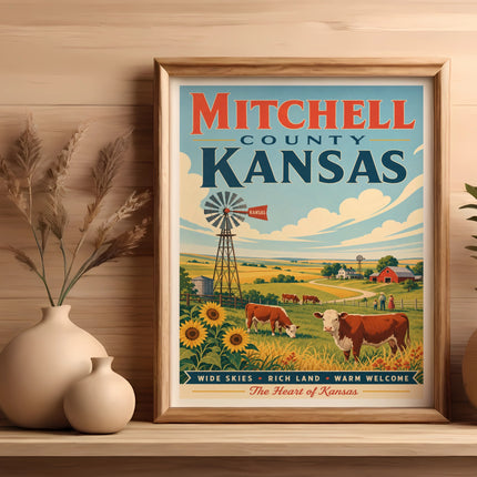 Mitchell County Kansas vintage travel poster with farm scene and cows.