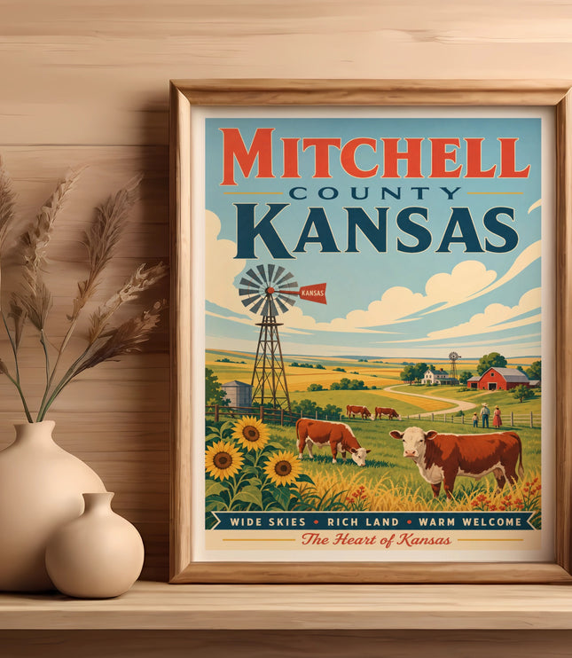 Mitchell County Kansas vintage travel poster with farm scene and cows.