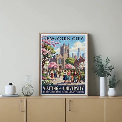 Vintage poster of people walking past a college campus in New York City.