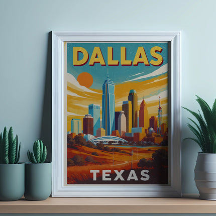 Dallas skyline poster with sun, cacti, and potted plants.