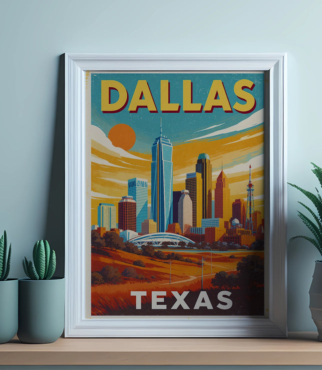 Dallas skyline poster with sun, cacti, and potted plants.
