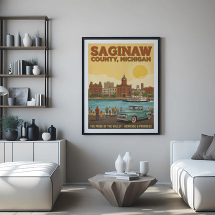 Saginaw County, Michigan poster with a teal truck, steamboat, and buildings.