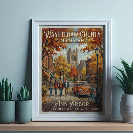 Washtenaw County Michigan vintage poster with Ann Arbor scene and autumn glory.