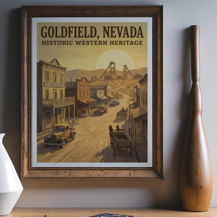 GOLDFIELD, NEVADA Historic Western Heritage poster of a vintage town scene.