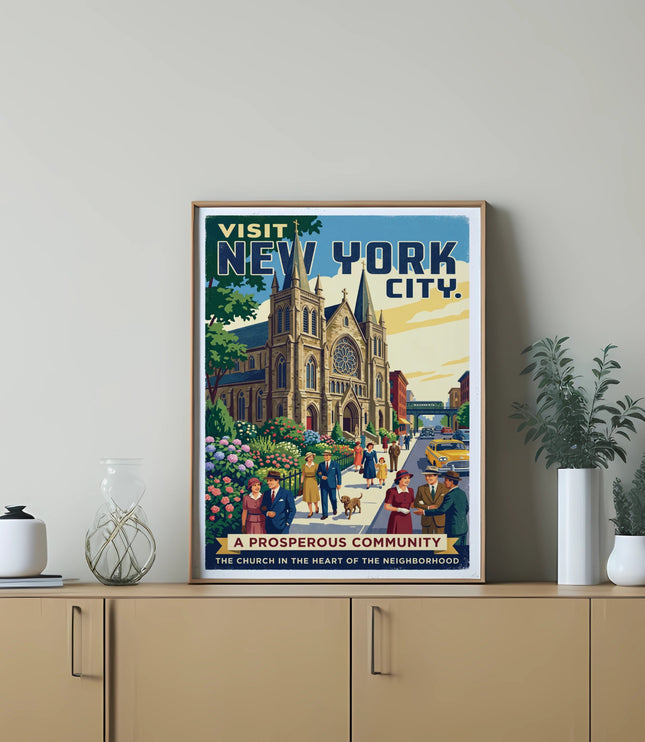 Vintage "Visit New York City" poster depicting a church and people on a street.