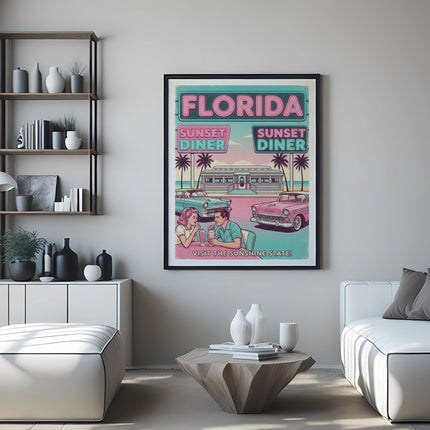 Florida Sunset Diner vintage poster with people and cars.