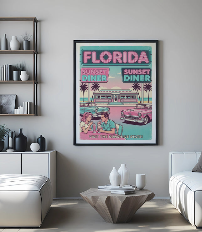 Florida Sunset Diner vintage poster with people and cars.