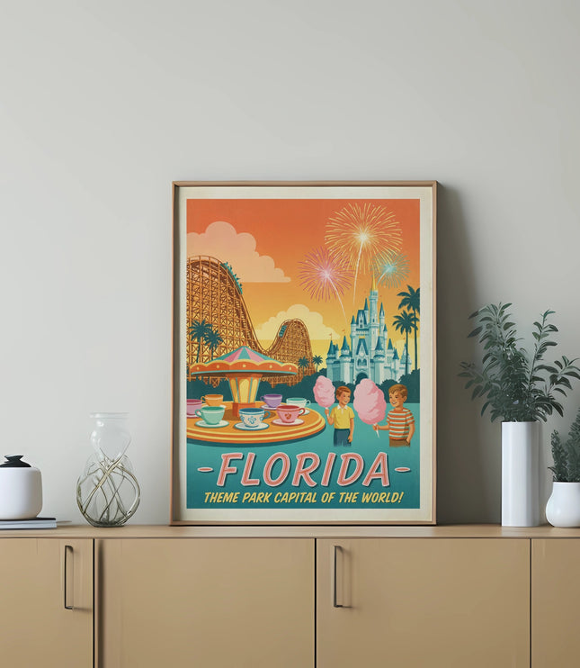 Retro Florida theme park poster with castle, roller coaster, and fireworks.