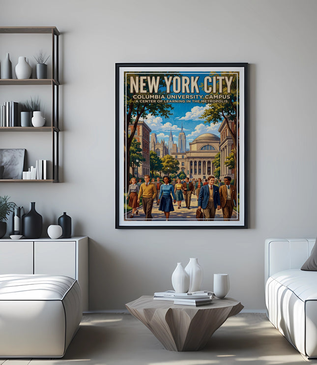 New York City Columbia University Campus poster with people walking in front of buildings.