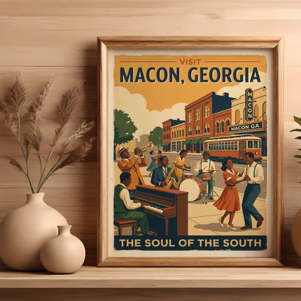 Vintage poster for Visit Macon, Georgia, with jazz musicians and text "The Soul of the South".