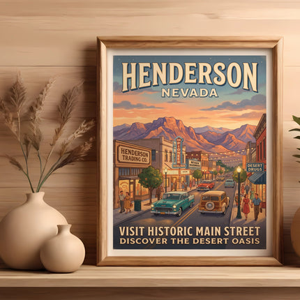 Poster of Henderson, Nevada main street with vintage cars, mountains, and text.