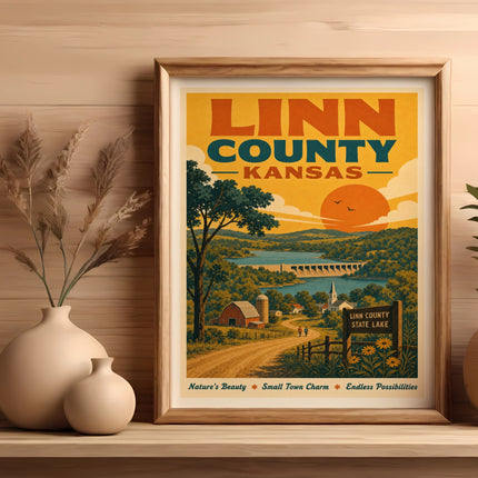 Linn County, Kansas vintage travel poster with scenic lake and text.