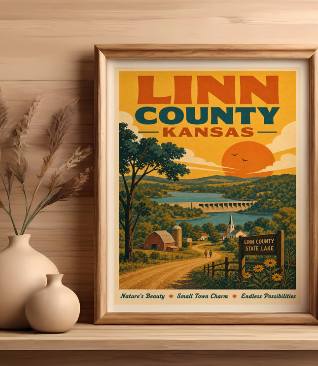 Linn County, Kansas vintage travel poster with scenic lake and text.