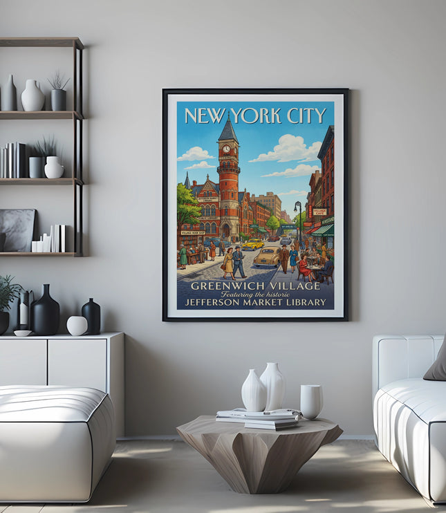 New York City Greenwich Village Jefferson Market Library poster in a modern living room.