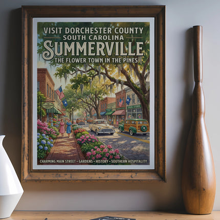 Summerville, South Carolina travel poster with charming street, flower gardens, vintage cars, and text.