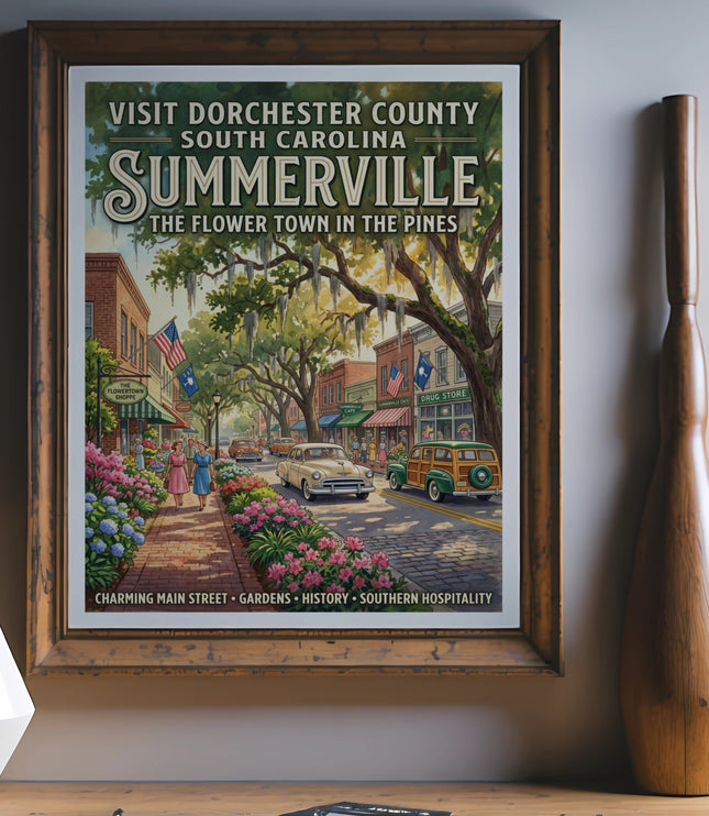 Summerville, South Carolina travel poster with charming street, flower gardens, vintage cars, and text.