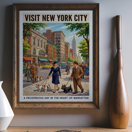 Vintage "Visit New York City" poster with people and dogs on a street.