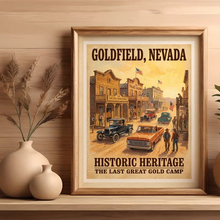 Goldfield, Nevada historic heritage poster featuring saloons and vintage cars.