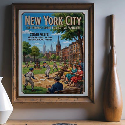 New York City vintage travel poster with baseball game scene.