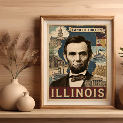 Framed Illinois poster featuring Abraham Lincoln and historical landmarks.