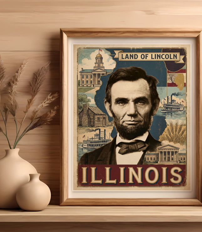 Framed Illinois poster featuring Abraham Lincoln and historical landmarks.