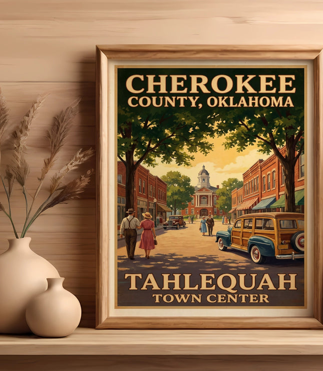 Cherokee County, Oklahoma Tahlequah Town Center vintage travel poster.
