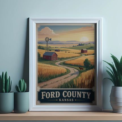Vintage poster of Ford County Kansas landscape with fields, barn, windmill, and sunset.