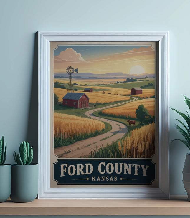 Vintage poster of Ford County Kansas landscape with fields, barn, windmill, and sunset.