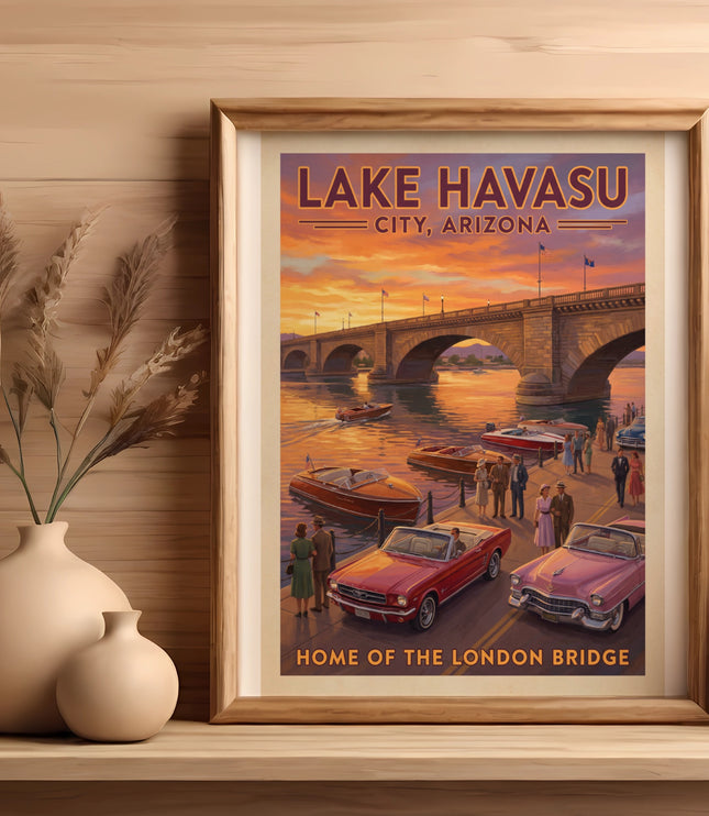 Artwork of Lake Havasu City, Arizona with London Bridge, boats, cars, and people.