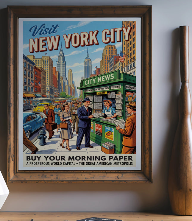 Vintage poster of New York City skyline featuring a newsstand and people.