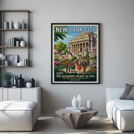New York City academic heart poster with university library and people.